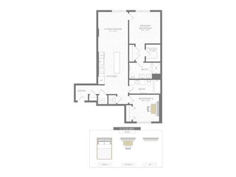 Floor plan for 2 beds, 2 baths, 946 sqft
